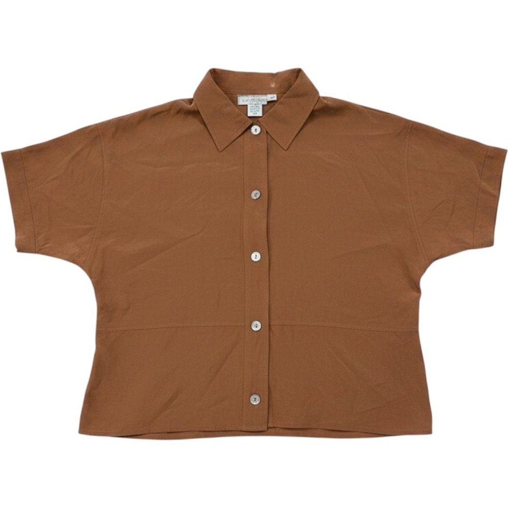 Annie Alexander Silk Shirt Womens Large Brown Short Sleeve Button Down Blouse L